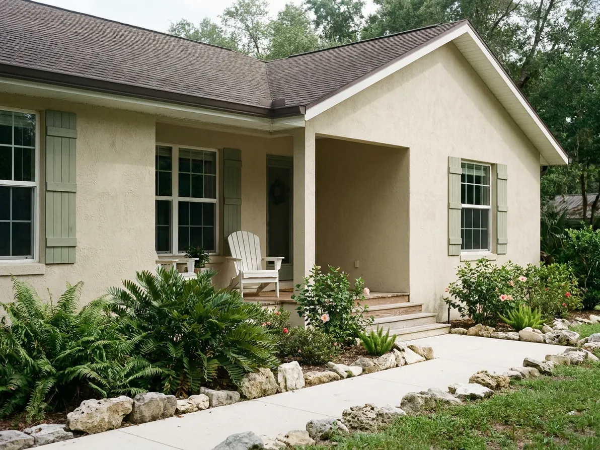 Sand-colored home with a shaded veranda and native landscaping