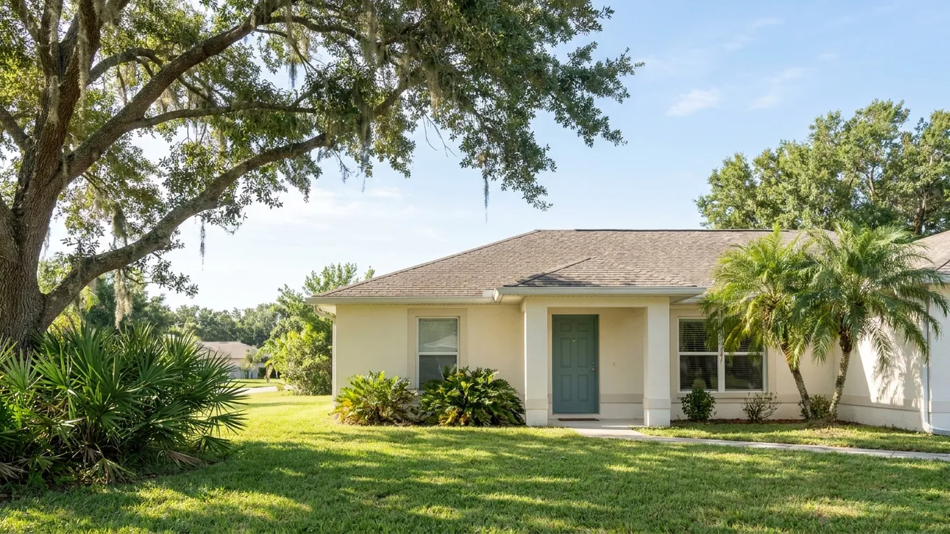 Ivory stucco home with a teal front door and live-oak shade